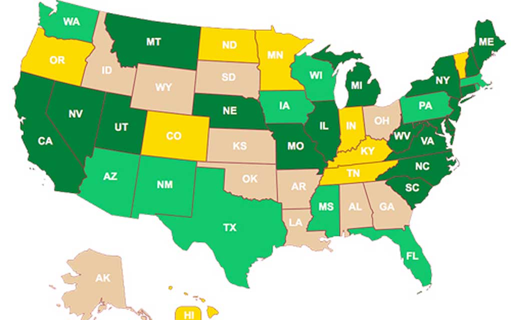 Nine states are currently growing industrial hemp legally (gold), another 19  have passed legislation in favor of hemp, and another ten are considering legislation (light green). The Industrial Hemp Farming Act of 2015 would legalize industrial hemp at the federal level.
