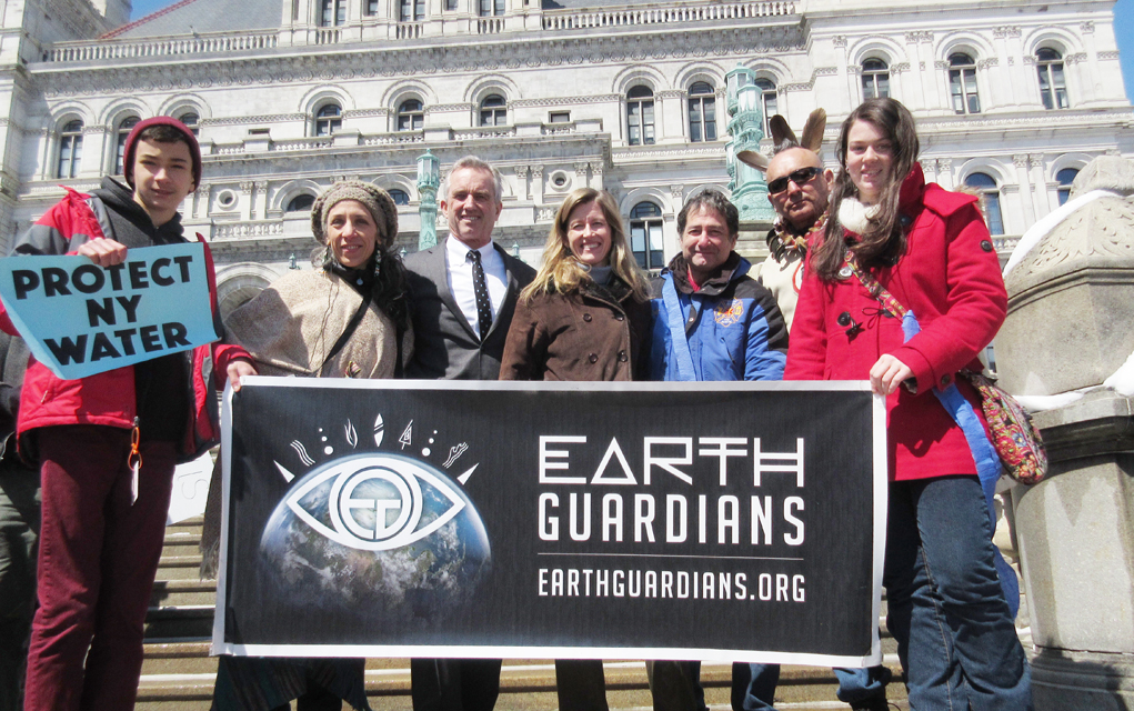A group of Earth Guardian members with Robert Kennedy Jr. at a protest on April 5th against the Constitution Pipeline, including Iris Fen Gillingham far right