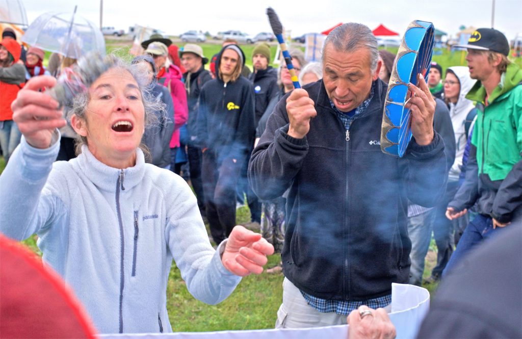 The opening of the Thornton oil and gas protest on Saturday May 14, included a Native American ceremony using chanting, sage and drumming. 