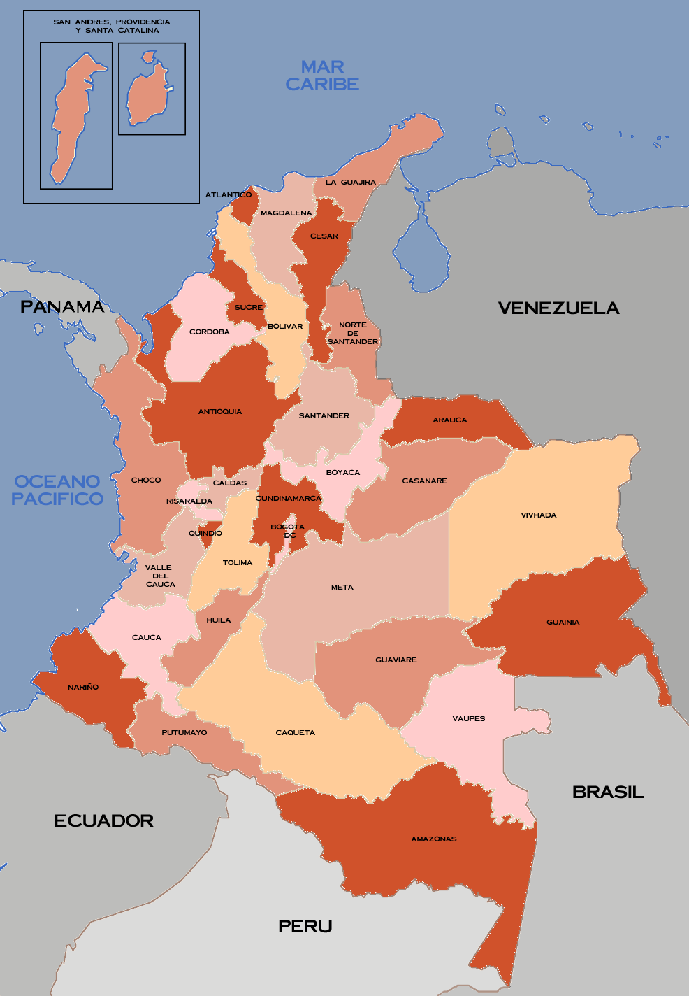 A map of the departments (equivalent to a U.S. state) of Colombia. Cuaca, on of the departments that has suffered great human rights violations at the hands of FARC, is located in the southwest of Colombia, bordering the Pacific Ocean.